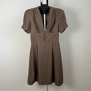 Silk Polka Dot Dress Brown Button Front V-Neck Short Sleeve Fit & Flare Size 6